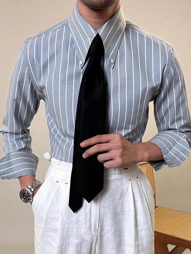 Vintage Striped Printed Slim Shirts Mens Casual Long Sleeve Lapel Buttoned Shirt 2025 Spring Fall Mens Shirt Naple Style Clothes Lootquake LLC