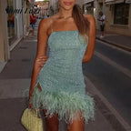 Sexy Sleeveless Hollow Irregular Long Dress Fashion Backless Slim Fit Party Dress Lady Elegant Feather Patchwork Suspender Dress