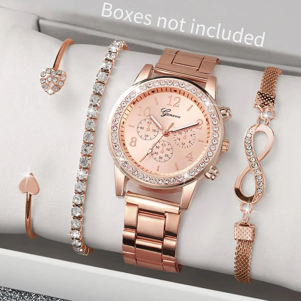 4PCS Fashion Women Watch Luxury Rhinestone Steel Band Ladies Quartz Watch Bracelet Set Relogio Feminino（Without Box）