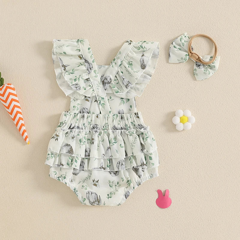 Toddler Girls 3Pcs Spring Outfits Floral Ruffle Sleeveless Romper Shorts Headband Set Baby Clothes Easter Costume Lootquake LLC