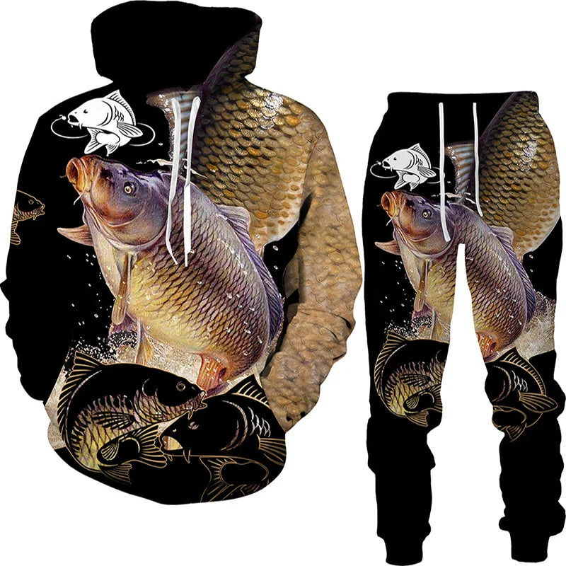 New 3D Fishing Art Print Casual Couple Hoodies Outfits Hip Hop Streetwear Hooded Sweatshirt+Sweat Pants Men's Tracksuit Set Lootquake LLC