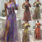 Elegant Oblique Shoulder Single-sleeve  Zipper High Slit Mesh Long Dress For Women Fashion Flower Decoration Party Dress Female