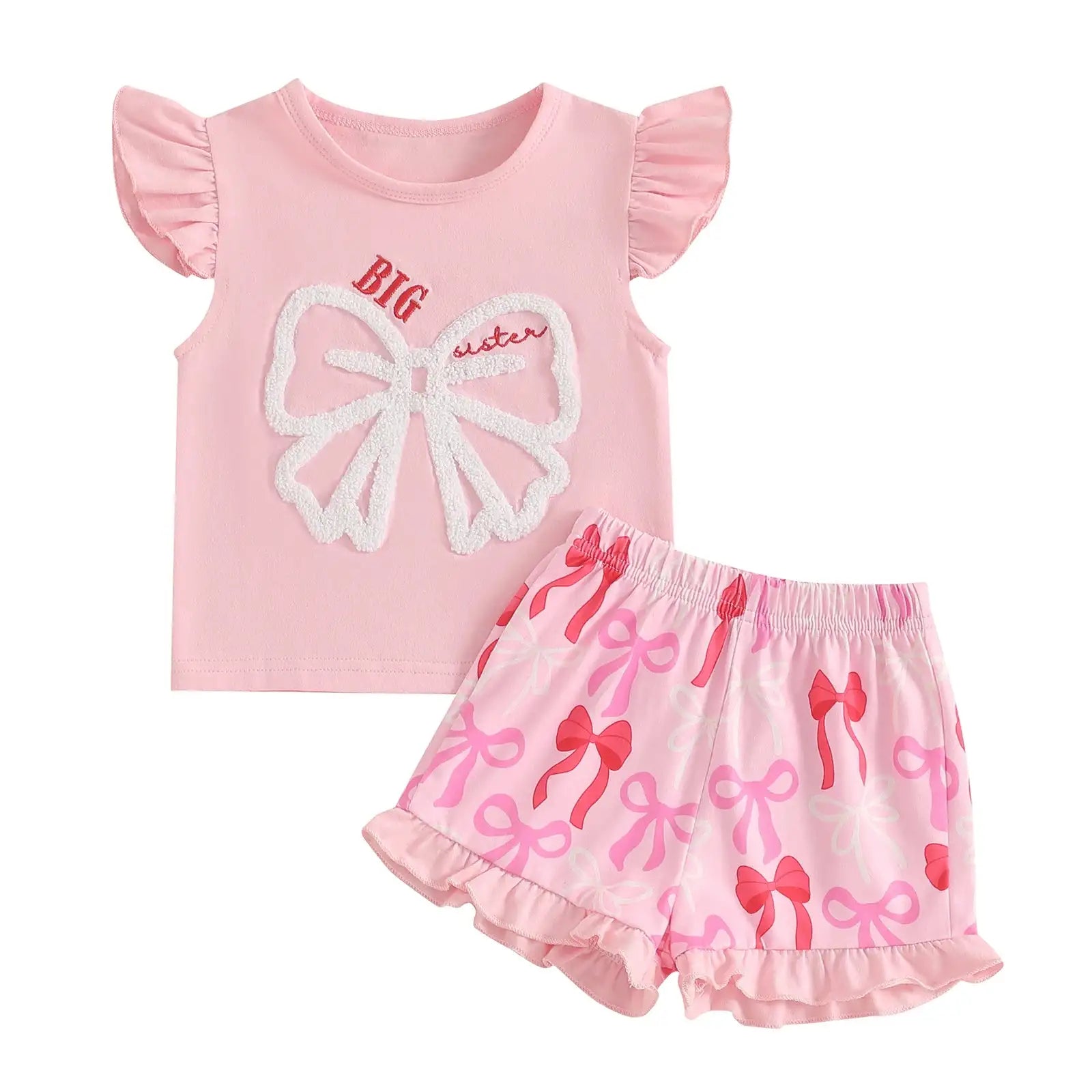 Cute Matching Baby Toddler Brother Outfit Bow Fly Sleeve Tops Elastic Waist Ruffle Shorts 2 Piece Summer Set for Siblings
