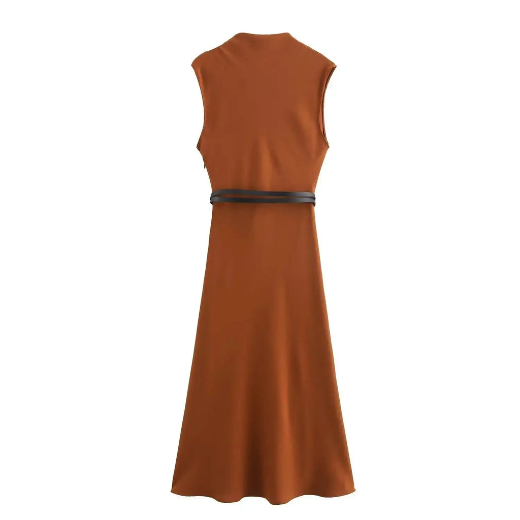 TRAFZA Women's Autumn New Fashion Versatile Belted Midi Slim Long Dress Female Elegant High Street Sleeveless Casual Dress Mujer