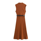 TRAFZA Women's Autumn New Fashion Versatile Belted Midi Slim Long Dress Female Elegant High Street Sleeveless Casual Dress Mujer