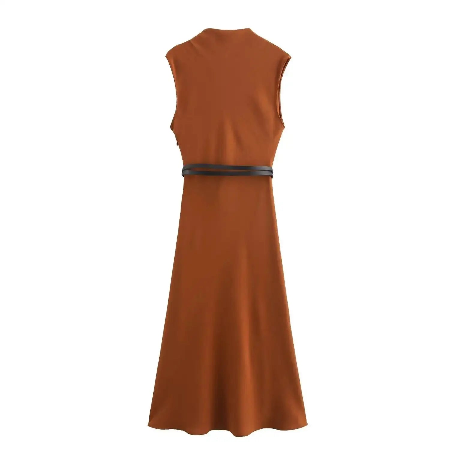 TRAFZA Women's Autumn New Fashion Versatile Belted Midi Slim Long Dress Female Elegant High Street Sleeveless Casual Dress Mujer