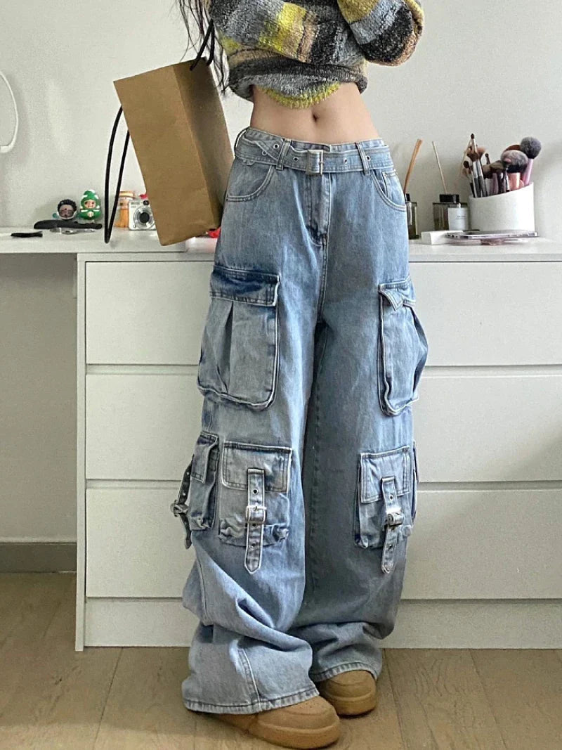 Autumn Winter New Ladies Cargo Jeans American Street Style Baggy Cargo Pants Women Blue Multi-pocket Wide Leg Jeans for Women Lootquake LLC