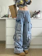 Autumn Winter New Ladies Cargo Jeans American Street Style Baggy Cargo Pants Women Blue Multi-pocket Wide Leg Jeans for Women Lootquake LLC