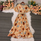 Women Dress Fashion Vintage Ins Bandage Slim Waist A-line Long Dress Vacation Beach Summer Outfits Lady Robe Femme Lootquake LLC