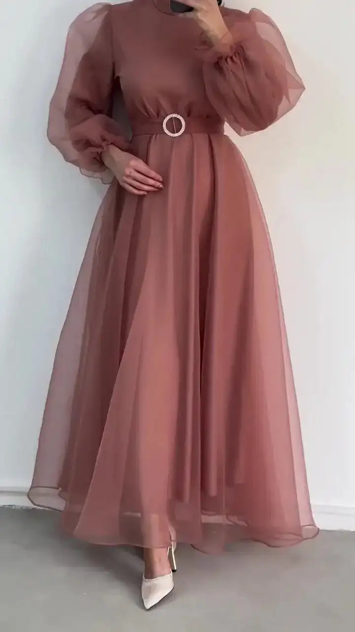 Spring Elegant Mesh Dress Muslim Women Fashion Solid High Waist Mesh Lantern Sleeves Long Dress Women