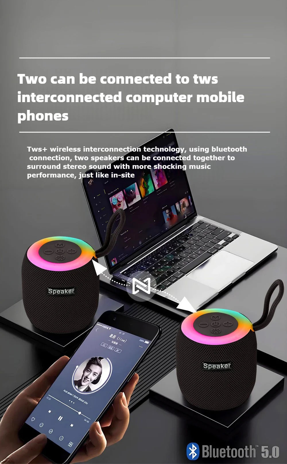 Outdoor portable wireless Bluetooth speaker, subwoofer, car and home with colorful lights, atmospheric small mini speaker Lootquake LLC