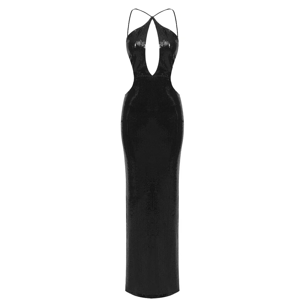 VC Women'S Luxury Party Dress Sexy Backless Black Sequins Long Dress For Special Events Female Clothing