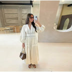 Elegant Lace Patchwork Hollow Out Dress Women Solid V-neck Long Lantern Sleeve Loose Dresses 2025 Spring Vacation Lady Robes