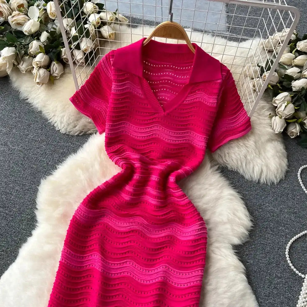 Short Sleeves Striped Long Dress Lapel Neck Hollow Out Slim Bodycon Sundress Fashion Hotsweet Knitted Beach Midi Dress