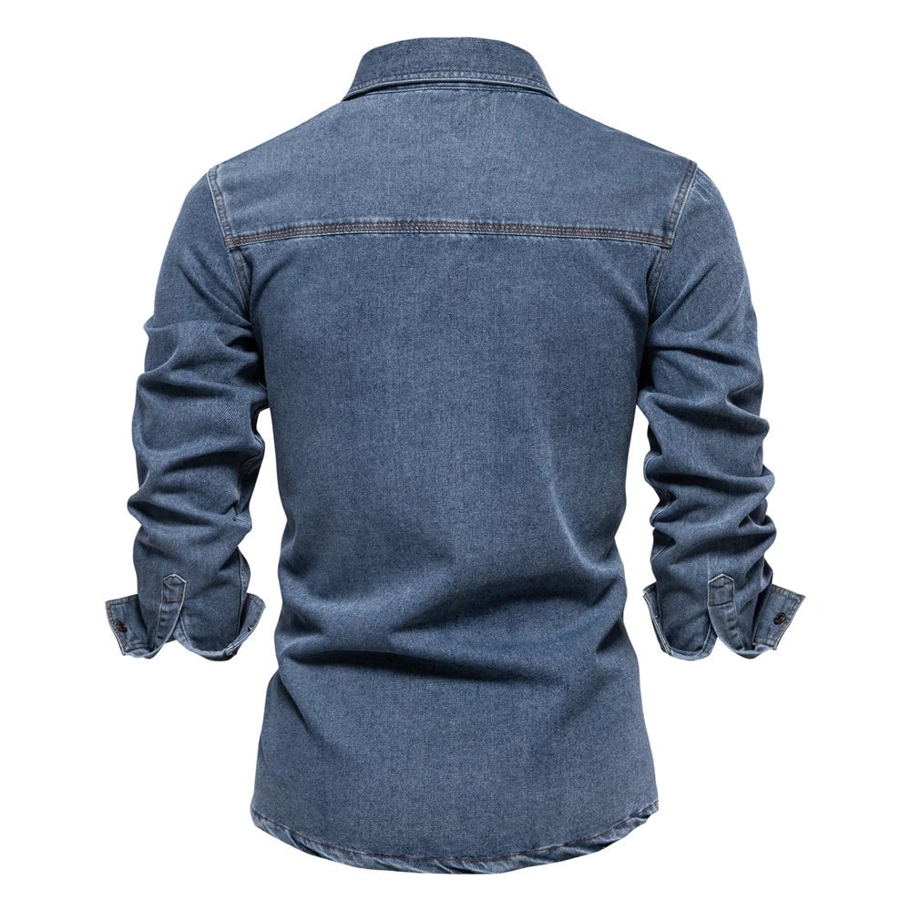 AIOPESON Brand New Mens 100% Cotton Denim Shirts Double Pocket Casual Cowboy Mens Shirts Long Sleeve Autumn Jeans Shirts for Men Lootquake LLC