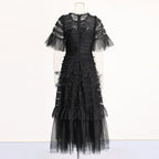 Patchwork Edible Tree Fungus Elegant Dresses For Women Round Neck Short Sleeve High Waist Temperament Dress Female Fashion
