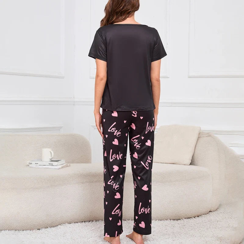 Women's Sleepwear Cozy Heart Print Relaxed Fit Pajama Set Short Sleeve Tee Top & Pants Nightwear 2 Piece Pyjama for All Seasons Lootquake LLC