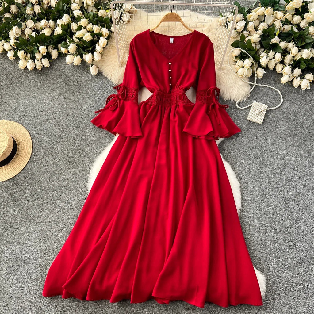 Purple/Green/Red Pleated Maxi Long Dress Women Vintage V-Neck Flare Sleeve Draped Ruffle Vestido Female Maxi Robe Summer Lootquake LLC