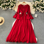 Purple/Green/Red Pleated Maxi Long Dress Women Vintage V-Neck Flare Sleeve Draped Ruffle Vestido Female Maxi Robe Summer Lootquake LLC