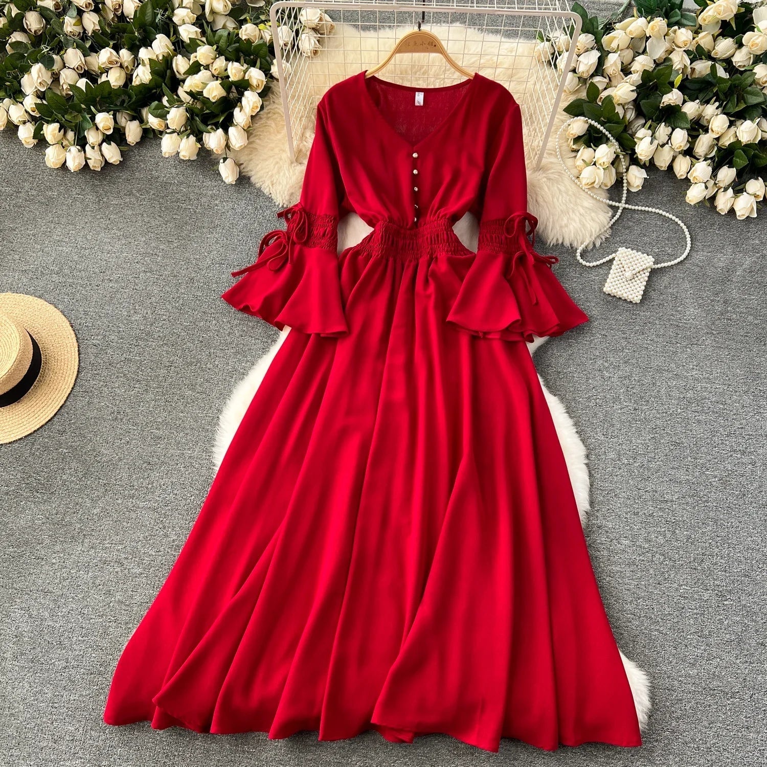 Purple/Green/Red Pleated Maxi Long Dress Women Vintage V-Neck Flare Sleeve Draped Ruffle Vestido Female Maxi Robe Summer Lootquake LLC