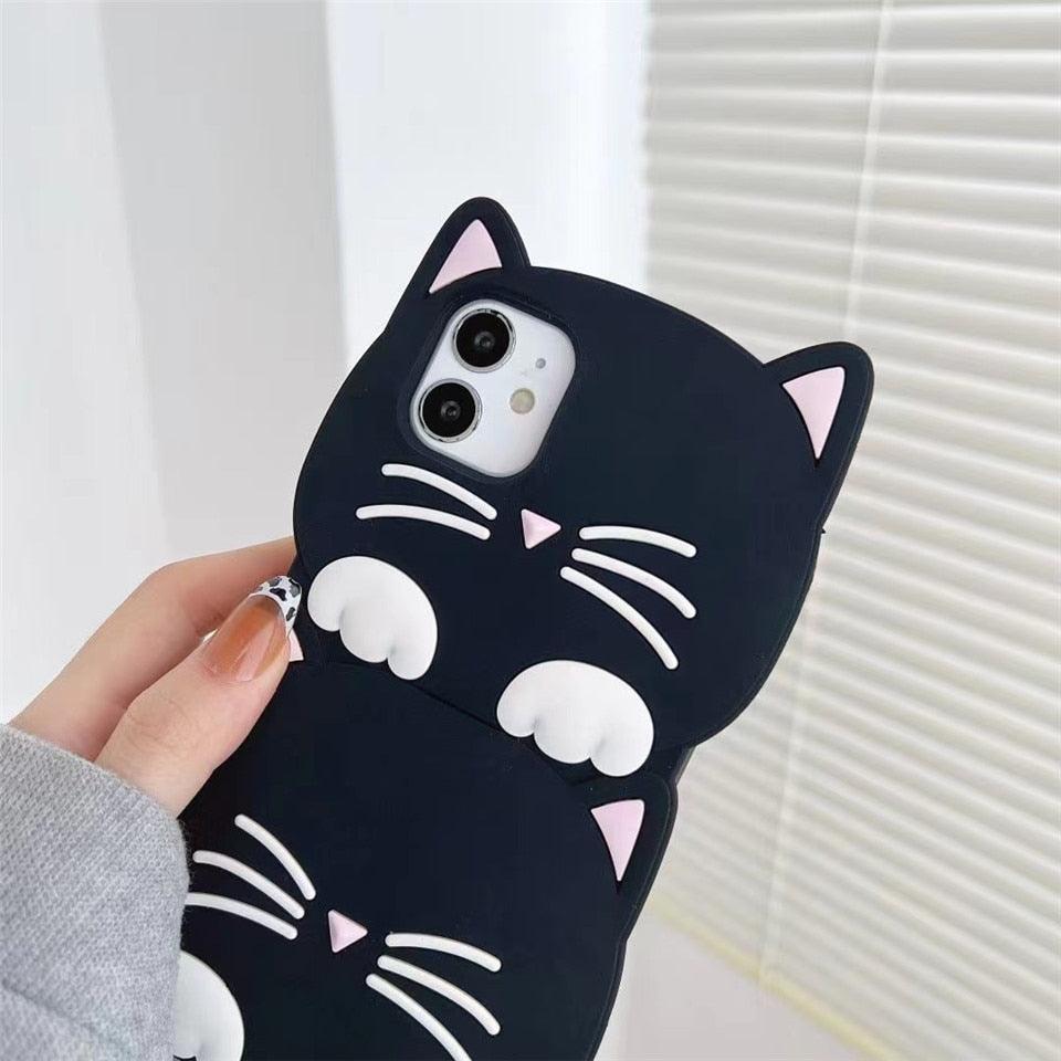 3D Cartoon Cute Cat Ear Phone Case For Iphone 12 13 11 Pro Max X Xr Xs Max 7 8 6 6s Plus Se 2020 Lucky Cat Cartoon Silicone Cat Phone Case Stevvex