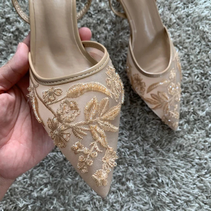 Mesh Embroidered Fashion Sandals Women String Bead High Heels Mules Shoes Pointed Toe Slingback Slippers Women Zapatos De Mujer