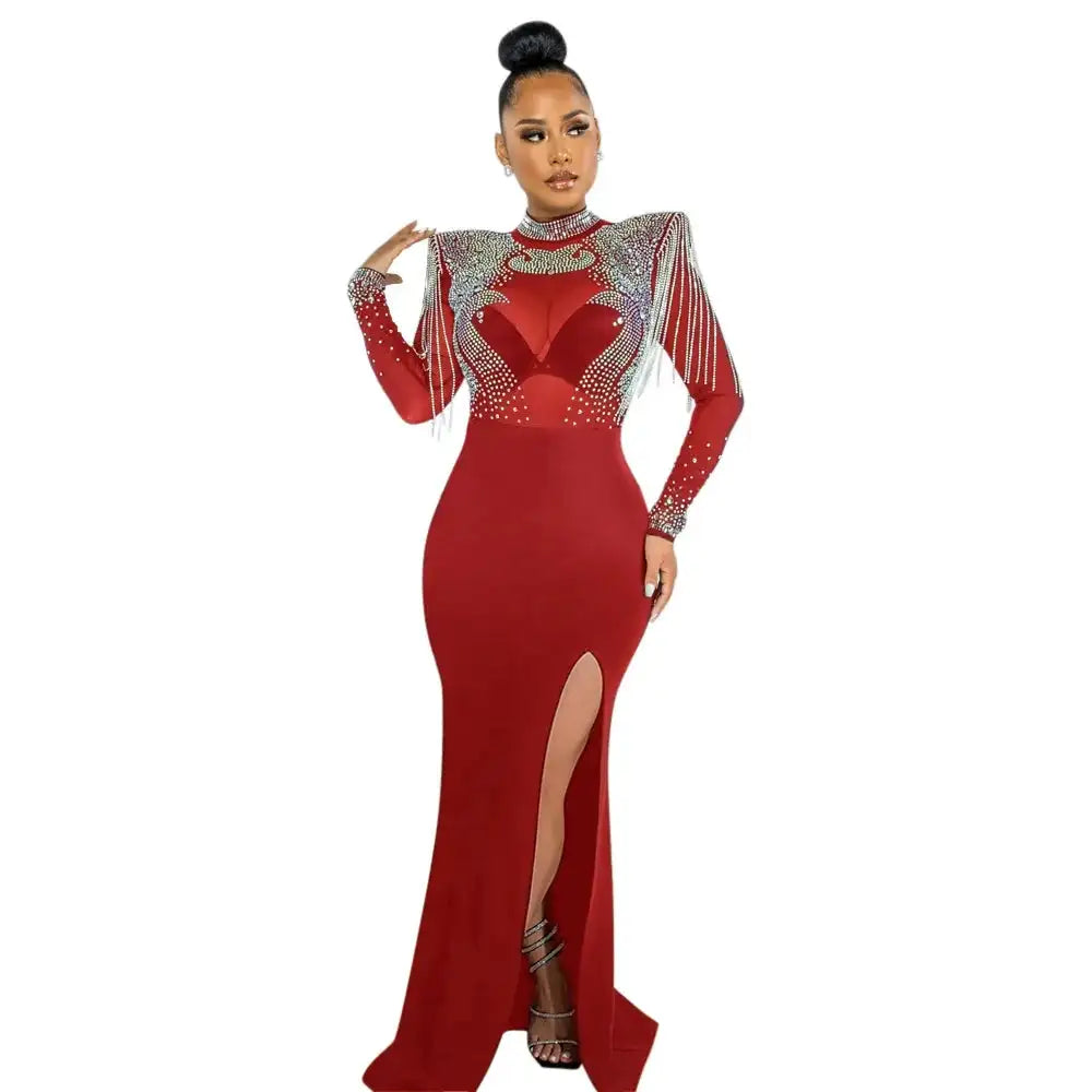 CM.YAYA Women Mesh See Through Long Sleeve Diamonds Hot Rhinestones Mermaid Long Dress Fall Evening Sexy Party Dresses Vestidos