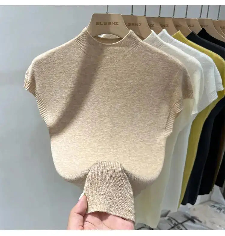 Half High Collar T-shirts Flying Sleeve Design Slim Knitted Sleeveless Top Women Simple Comfortable White T-shirts Summer 2025