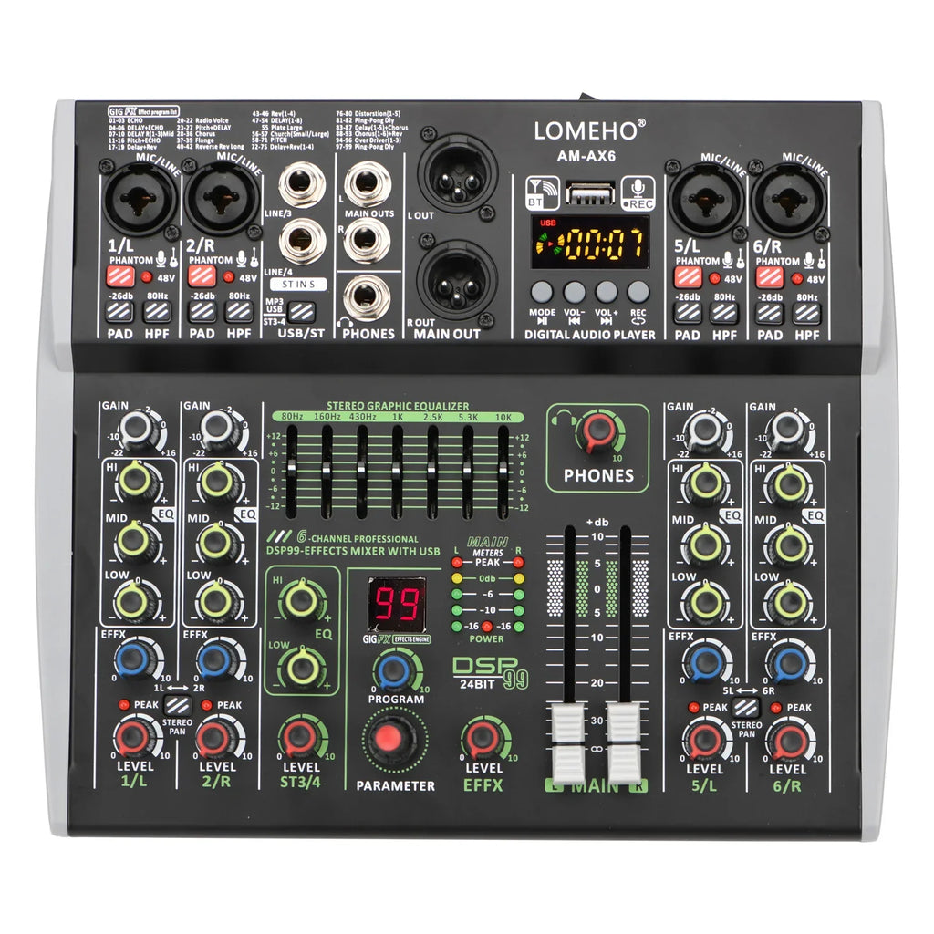 99 DSP Effects Mixing Console Podcast Mini 4/6 Channels Sound Audio Mixer Individual 48V Bluetooth USB PC Play Record AM-AX4/6 Lootquake LLC