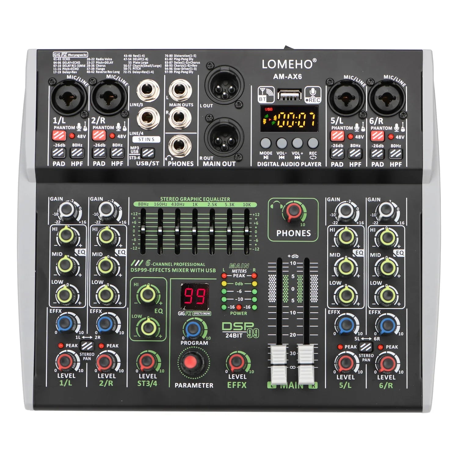 99 DSP Effects Mixing Console Podcast Mini 4/6 Channels Sound Audio Mixer Individual 48V Bluetooth USB PC Play Record AM-AX4/6 Lootquake LLC