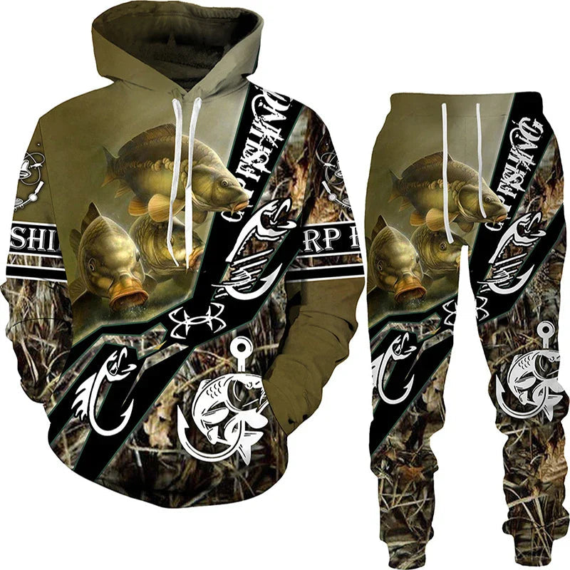 New 3D Fishing Art Print Casual Couple Hoodies Outfits Hip Hop Streetwear Hooded Sweatshirt+Sweat Pants Men's Tracksuit Set Lootquake LLC