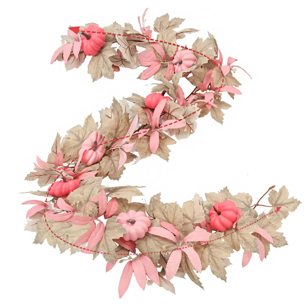 Halloween Thanksgiving Pink Decorations Artificial Fall Maple Leaves Garland Autumn Hanging Pink Pumpkins Flowers Berries Rattan Lootquake LLC