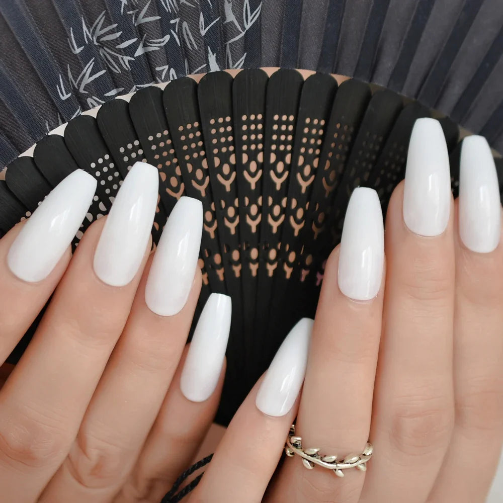 Milk White Long Ballerina Nails Glossry Shiny Pure Color Extra Long Acrylic Nail Tips gel Polish Cover 24 Lootquake LLC