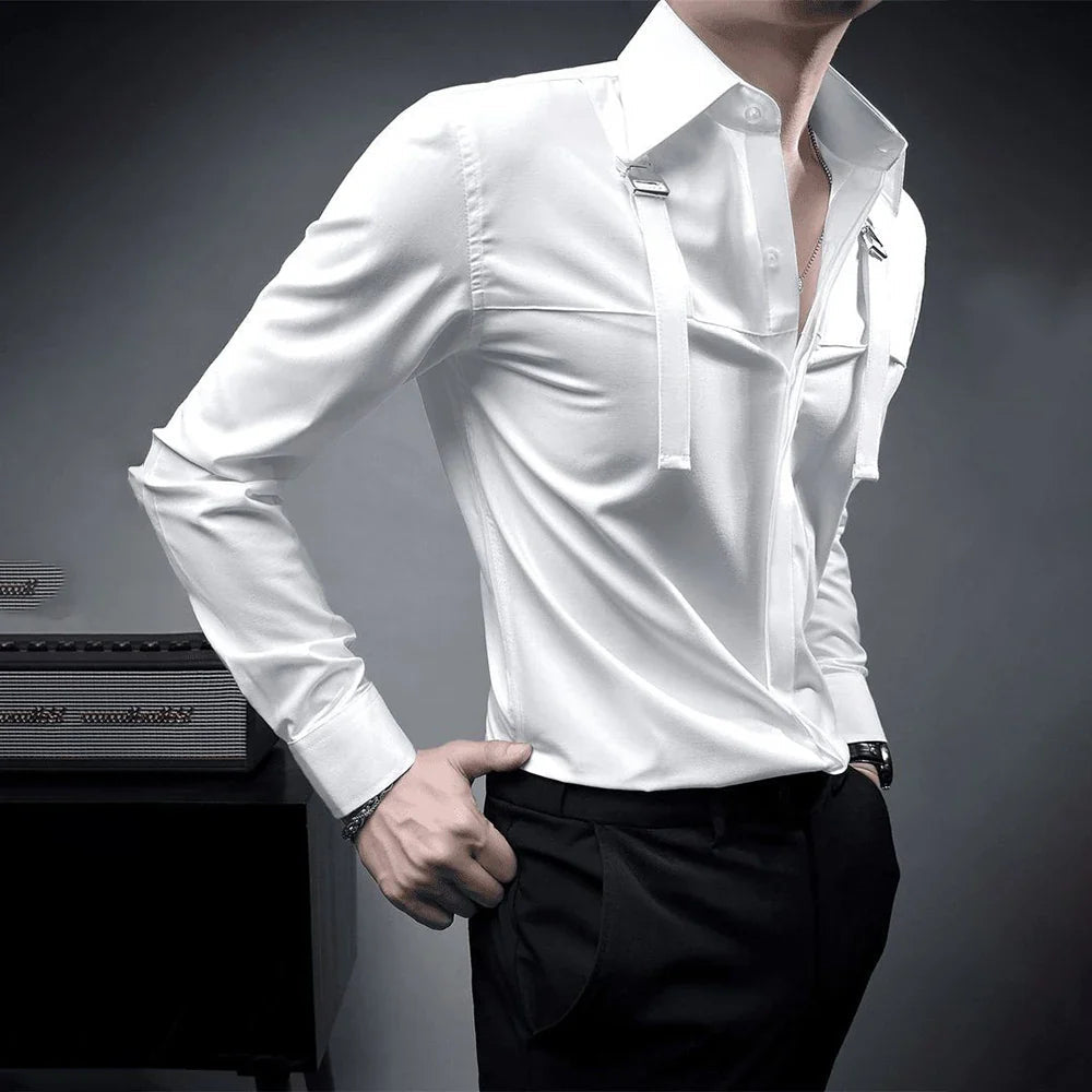 Fashion Unique Suspender Design Long-Sleeved Shirt Mens High-End 2024 Autumn New Trend Casual Solid Color Y2k Mens Shirt Lootquake LLC