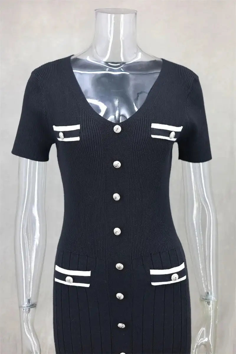 Office Lady Elegant Knitted Long Dress Summer Short Sleelve V Neck Single Breasted Bodycon Dresses Women Party Fashion Vestidos