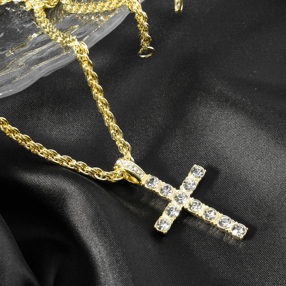 Hip Hop Cross Pendant Necklace Strap 4mm Zircon Tennis Chain Iced Out Sparkling Necklace Men Women Punk Jewelry Fashion Gift Lootquake LLC
