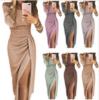 Slit Slash-neck Dress Women Sparkling Slim Long Dress Summer Korean Fashion Dinner Dress Bodycon Solid  Women Dresses Vestidos