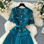 Designer 2025 Summer Pleated Chiffon Lace Long Dress Women Flower Embroidery Gold Button Belt Evening Party Dresses Wedding Robe Lootquake LLC