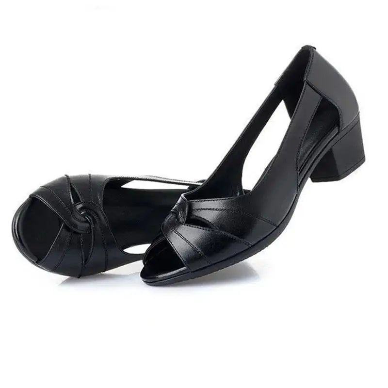 Black Peep Toe Mid Heel Sandals Women's Pumps Square Heel Soft Sole Leather Work Shoes Simple Casual Summer Hollow Out Lootquake LLC