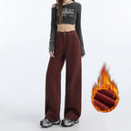 FINEWORDS Retro Angela Red Winter Jeans Women Thicken Cashmere High Waist Baggy Jeans Streetwear Casual Wide Leg Denim Pants