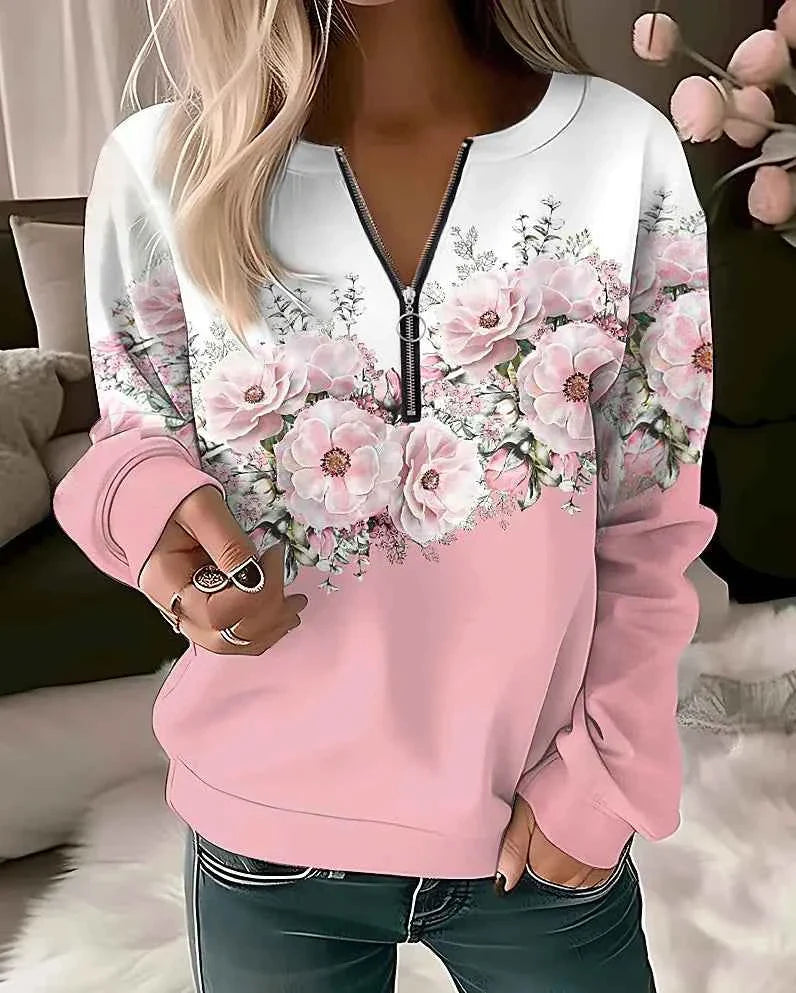 Floral Oversized Zip-Up Hoodie for Women THRIXINE