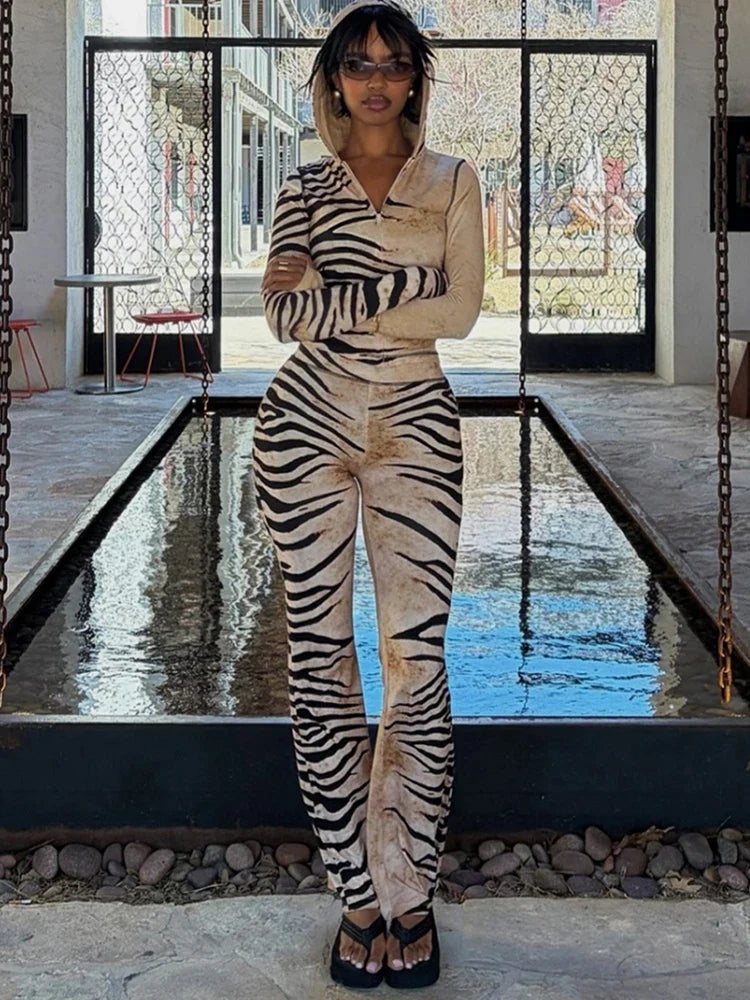 Weird Puss Tiger Print Hooded Crop Top Set