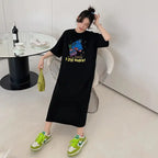 Harajuku Graphic White Long Dress Woman Clothing Y2k Casual Short Sleeve O-Neck Korean Fashion Summer Womens Loose Dresses 2024