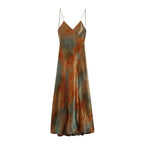 2025 Summer New Women's Open Back Sleeveless Dress Fashion Satin Mid Length Dress Printed Sexy V Neck Sling Dress