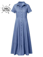 2023 Fashion New Long Dress Shirt Neck Pocket Large Swing Dress Casual Elegant Temperament Single Breasted Denim Dress