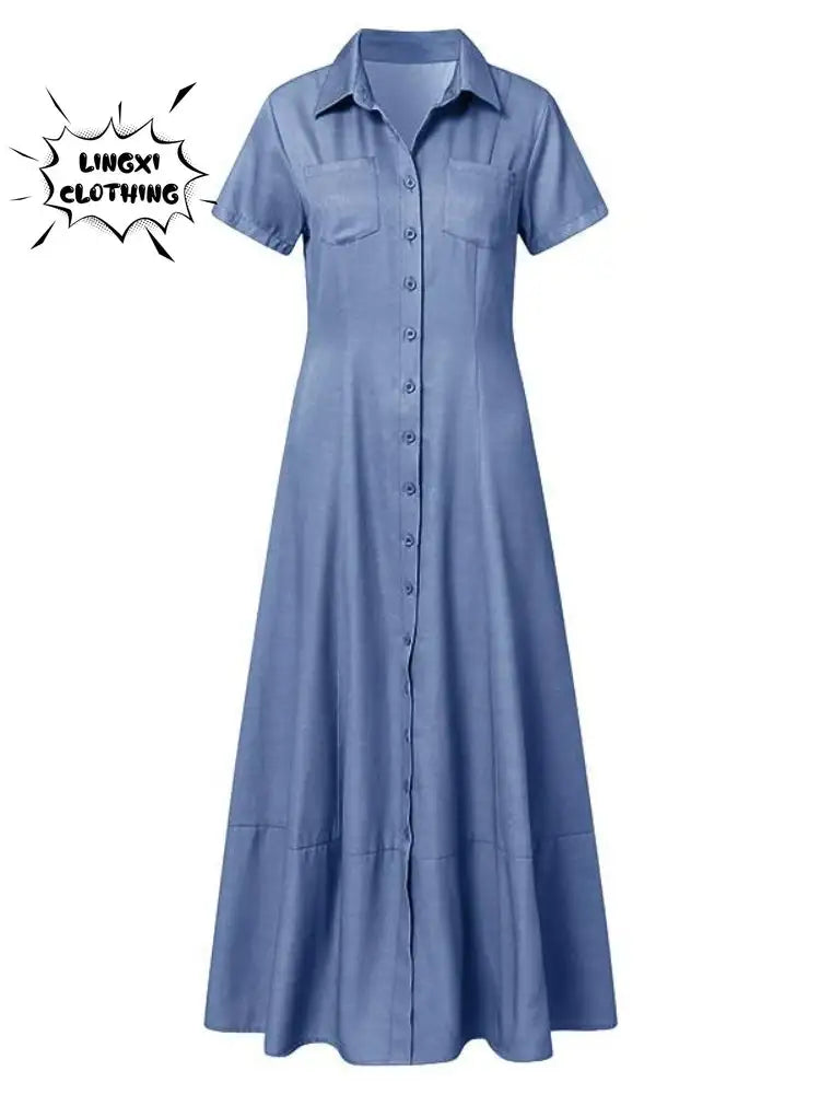 2023 Fashion New Long Dress Shirt Neck Pocket Large Swing Dress Casual Elegant Temperament Single Breasted Denim Dress