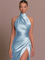Ladies Summer Satin Evening Birthday Party Dresses Women Sleeveless Backless Halter Side Slit Elegant Long Dress Mowan Clothes