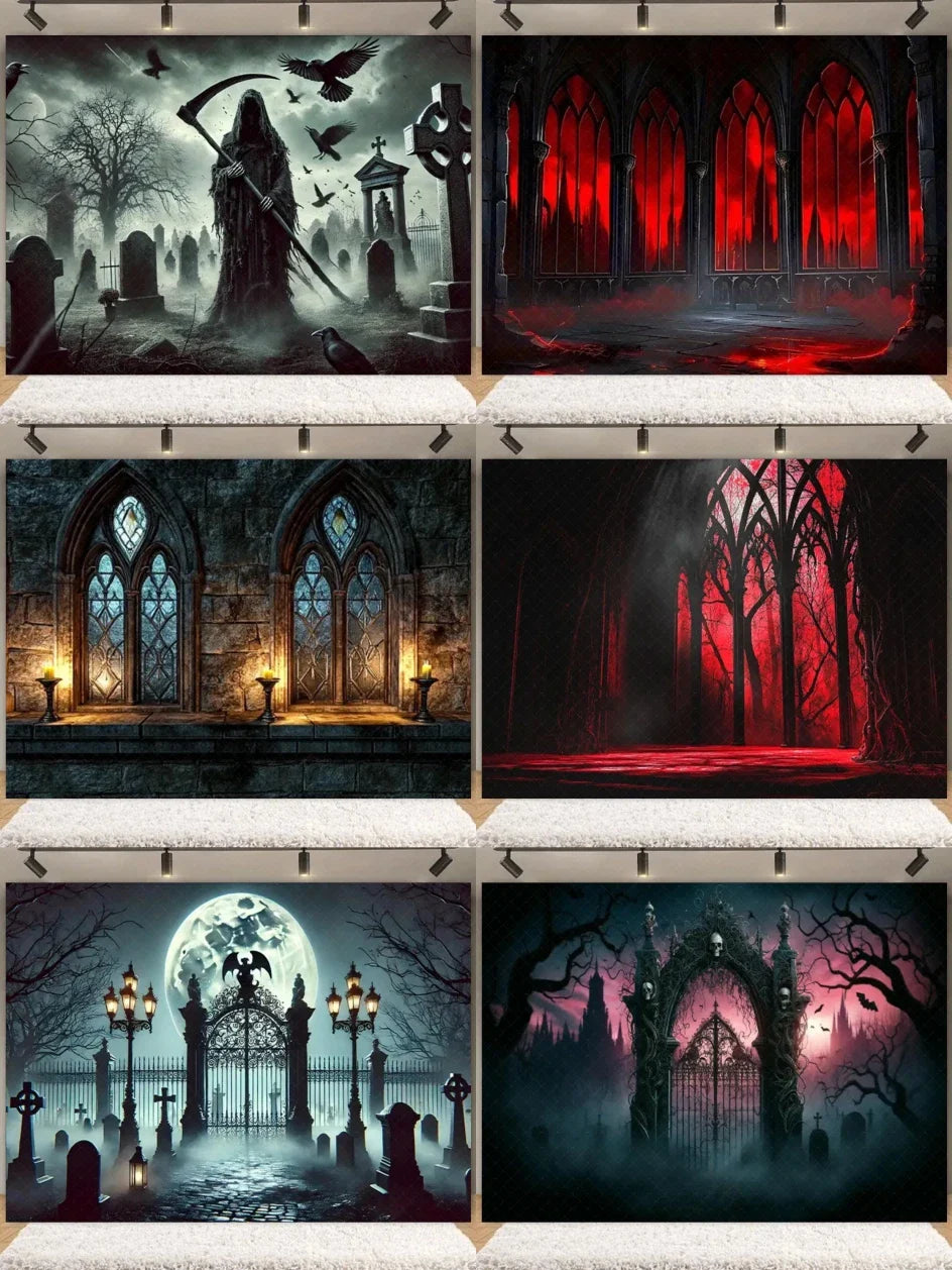 Halloween Decorations  Vintage Castle Wall Backdrop Photography Photos Stone Arched Door And Windows Design Studio Party Decor Lootquake LLC