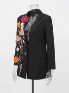 TWOTWINSTYLE Hit Color Spliced Appliques Fashion Blazers for Women Lapel Long Sleeves Patchwork Bead Temperament Blazer Female