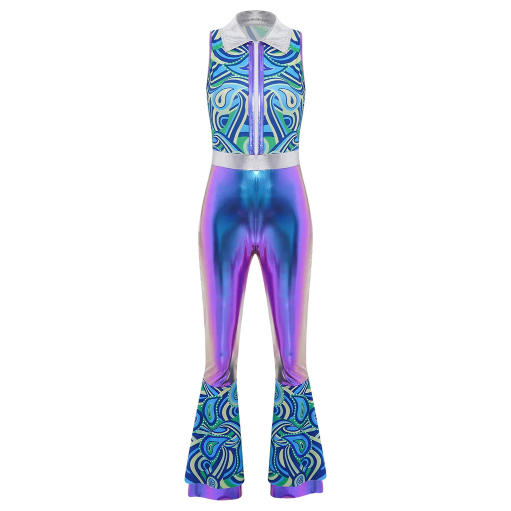 Womens Halloween Retro Hippie Cosplay Costume Party Hip-hop Dance Costume Metallic Shiny Vintage Carnival Bodysuit Jumpsuit Lootquake LLC